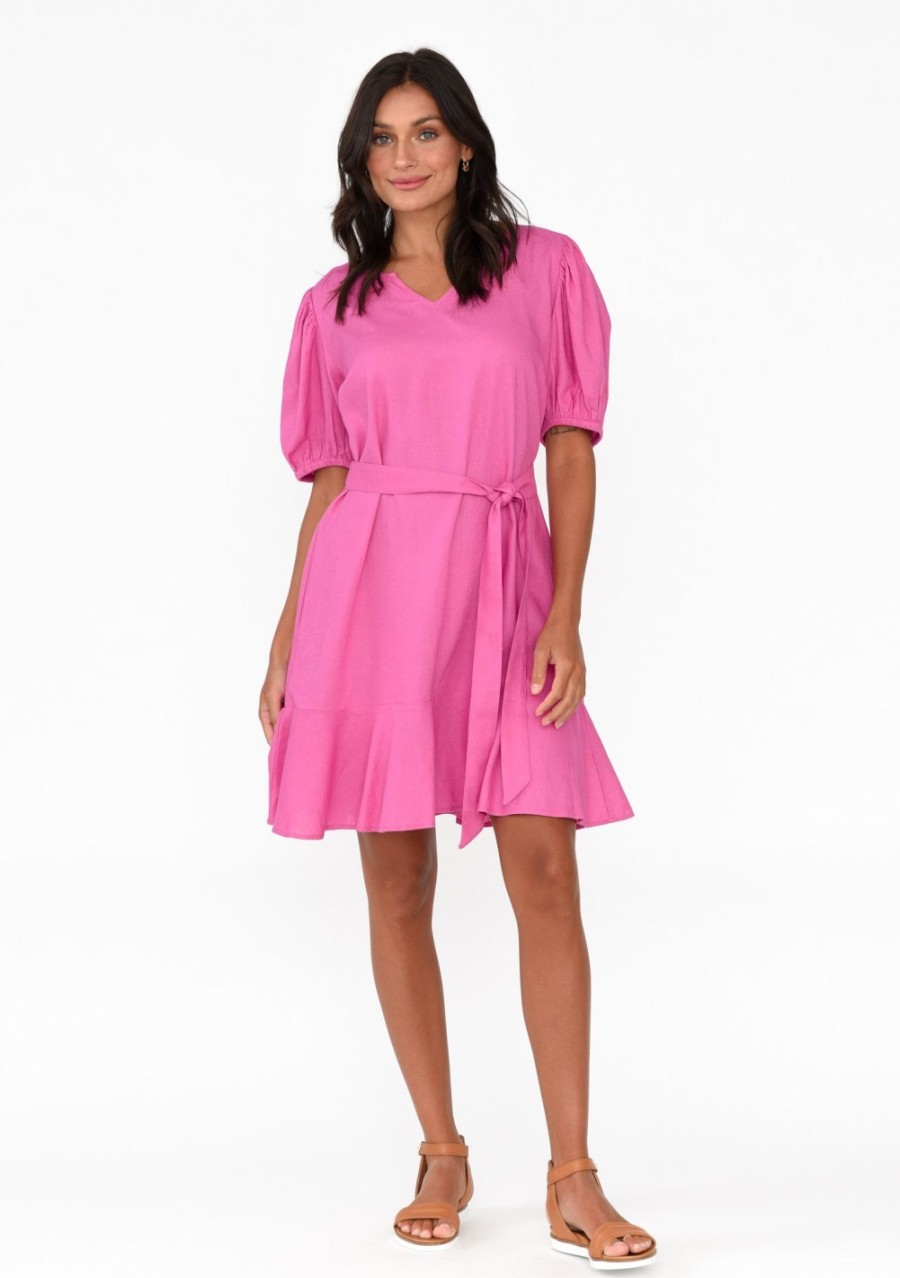 Clothing Betty Basics Linen Dresses | Birdie Hot Pink Linen Blend Dress