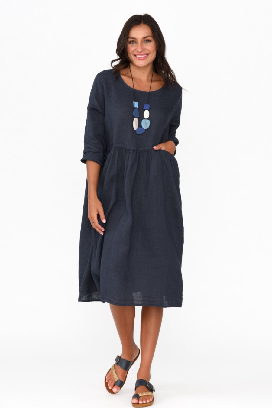 Clothing Talia Benson Linen Dresses | Maybelle Navy Linen Pocket Dress