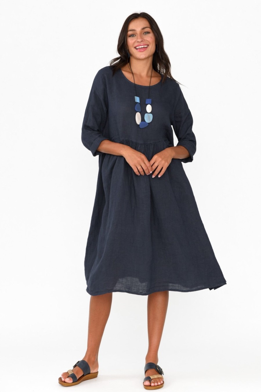 Clothing Talia Benson Linen Dresses | Maybelle Navy Linen Pocket Dress