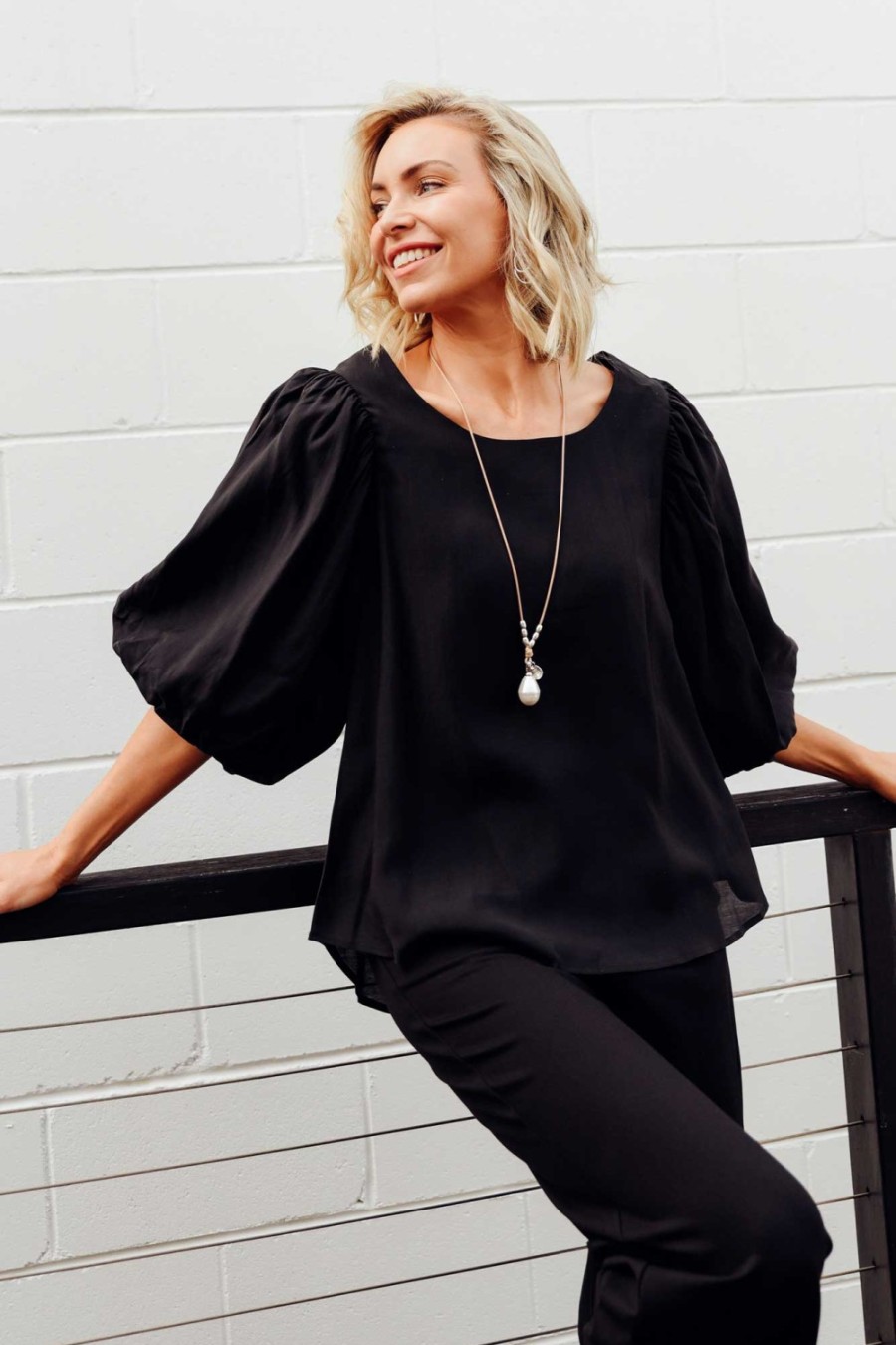 Clothing Cali and Co Sleeved Tops | Gallagher Black Cotton Puff Sleeve Top