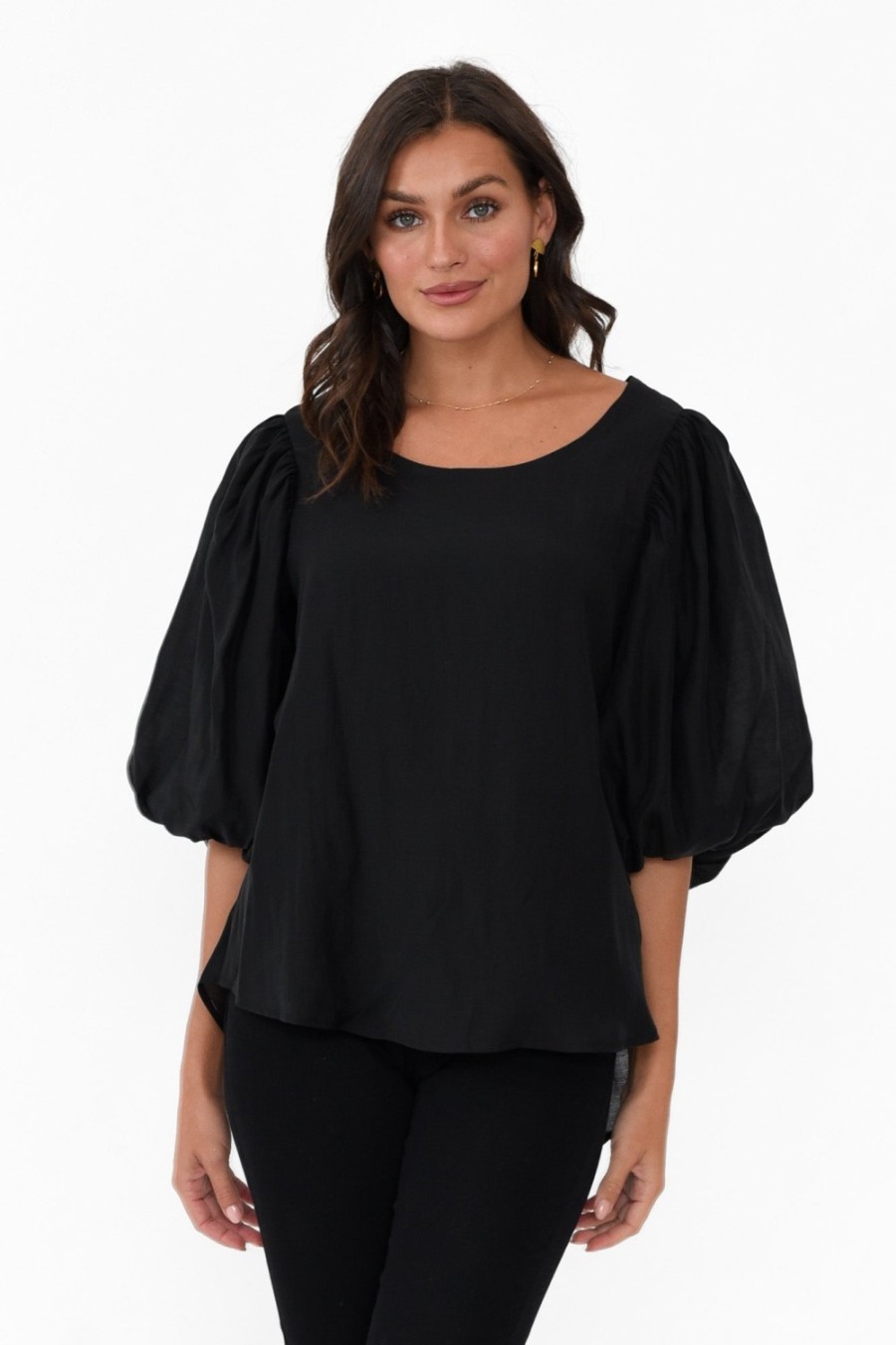 Clothing Cali and Co Sleeved Tops | Gallagher Black Cotton Puff Sleeve Top