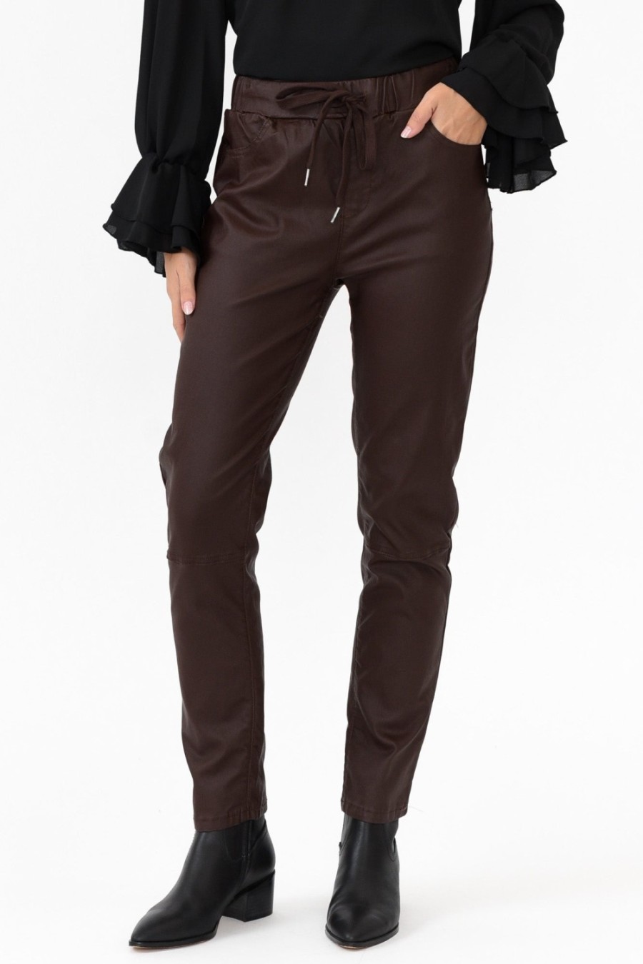 Clothing Italian Star Pants | Suzi Chocolate Wet Look Stretch Pant