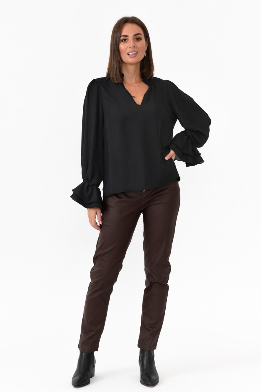 Clothing Italian Star Pants | Suzi Chocolate Wet Look Stretch Pant