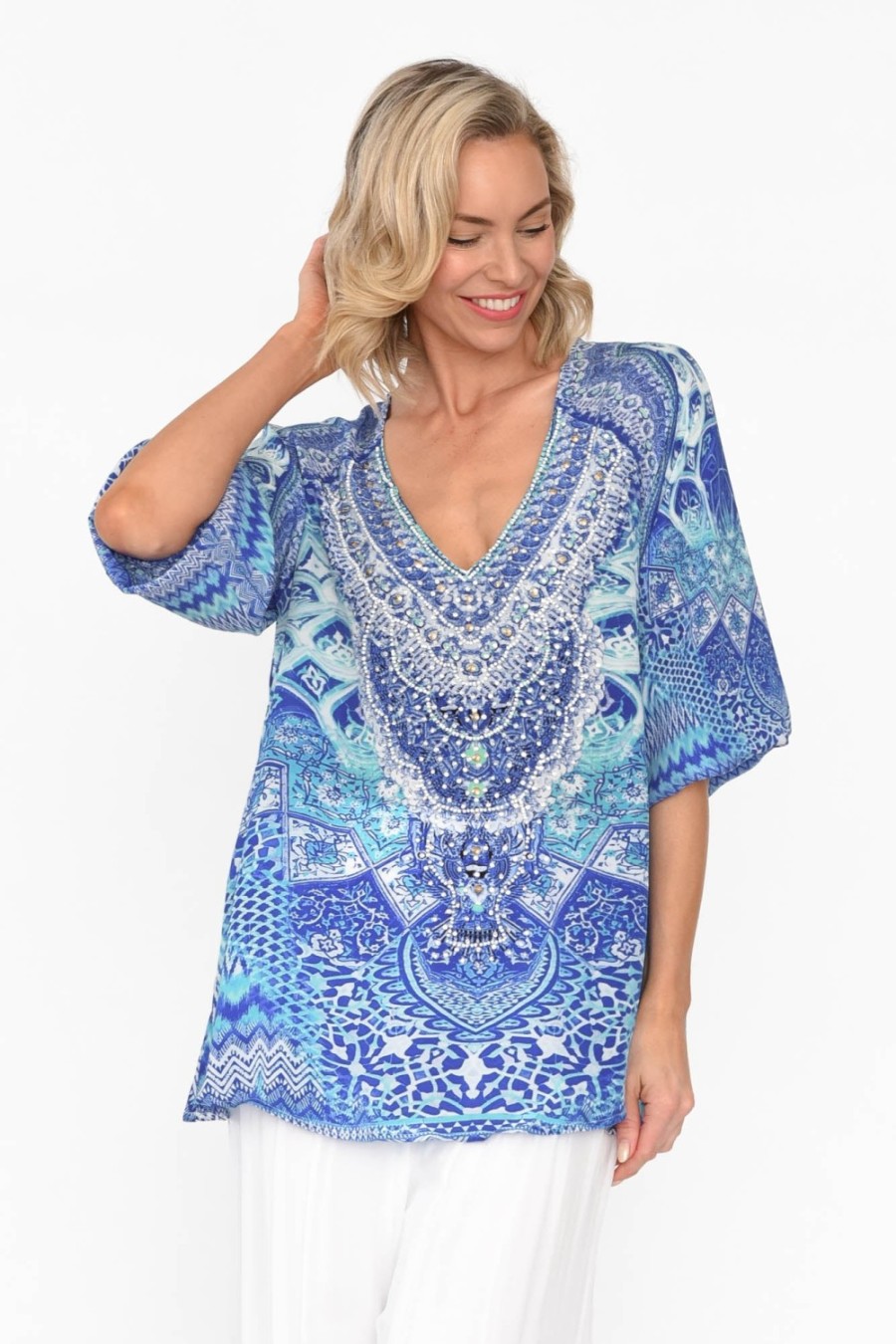 Clothing Fashion Spectrum Sleeved Tops | Florence Blue Silk Gypsy Top