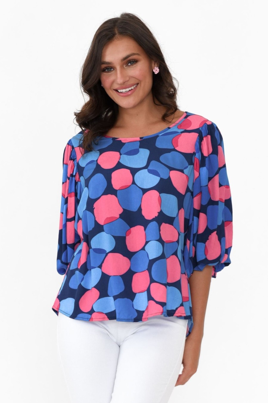 Clothing New U Collection Sleeved Tops | Heath Blue Spot Puff Sleeve Top