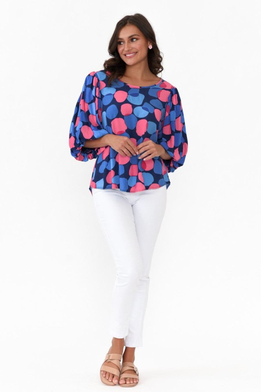 Clothing New U Collection Sleeved Tops | Heath Blue Spot Puff Sleeve Top