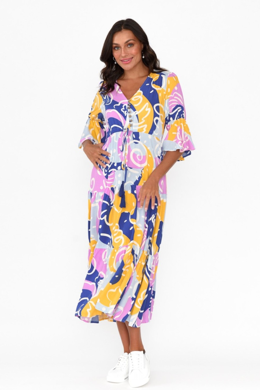 Clothing New U Collection Midi Dresses | Lona Blue Abstract Tier Dress