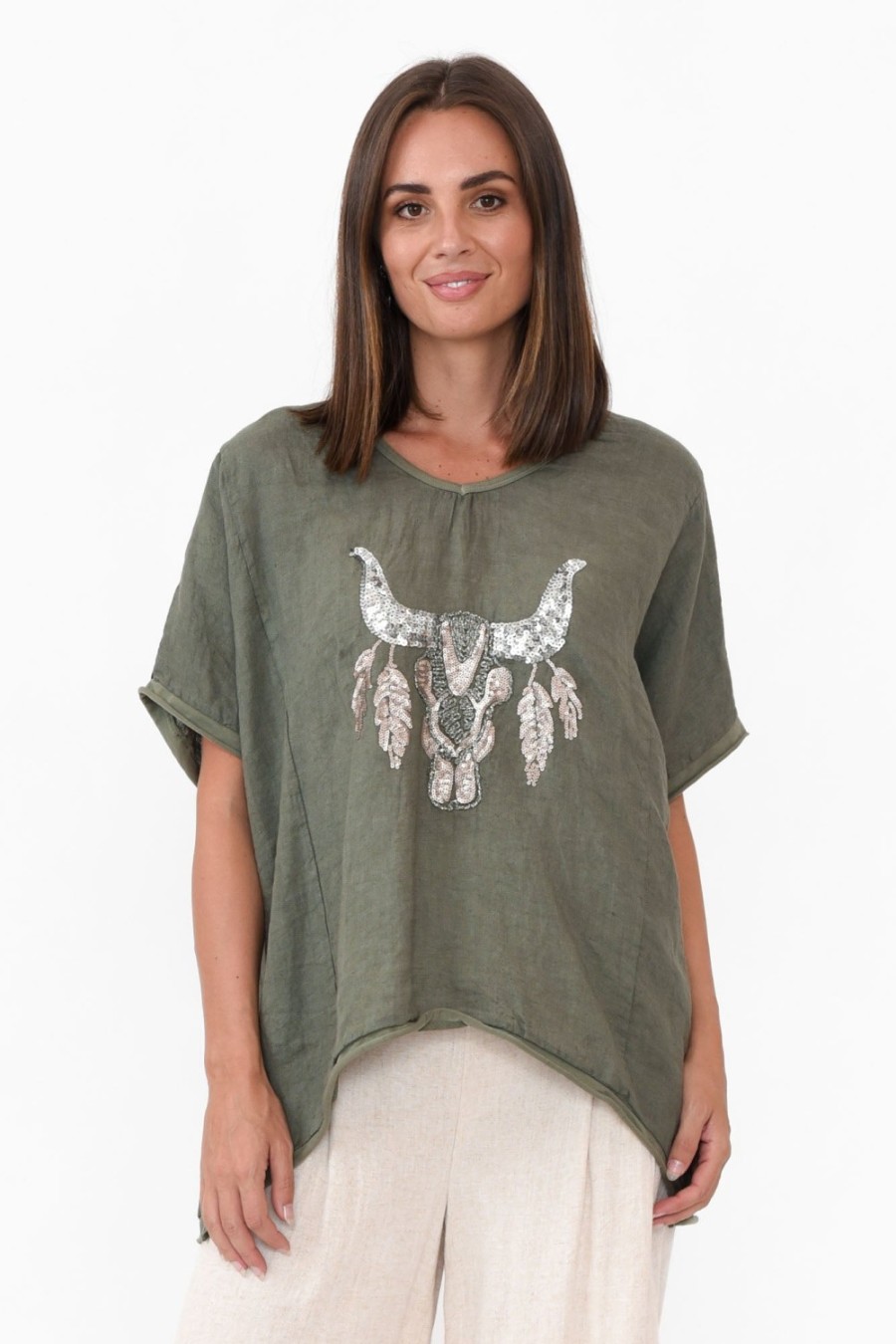 Clothing Donna Donna Linen Tops | Wild West Khaki Sequin Linen Tee