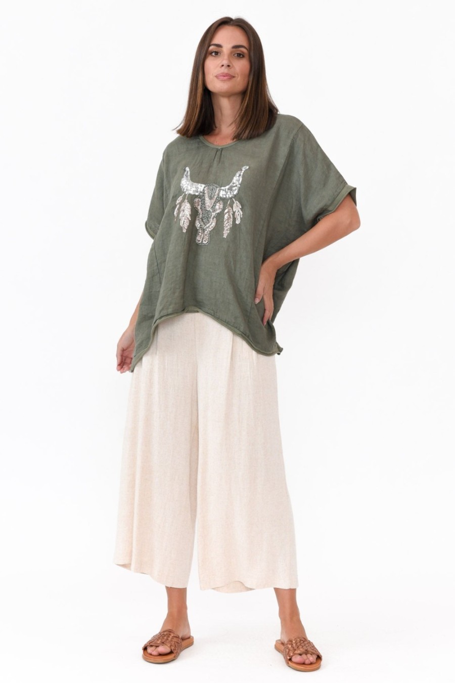 Clothing Donna Donna Linen Tops | Wild West Khaki Sequin Linen Tee