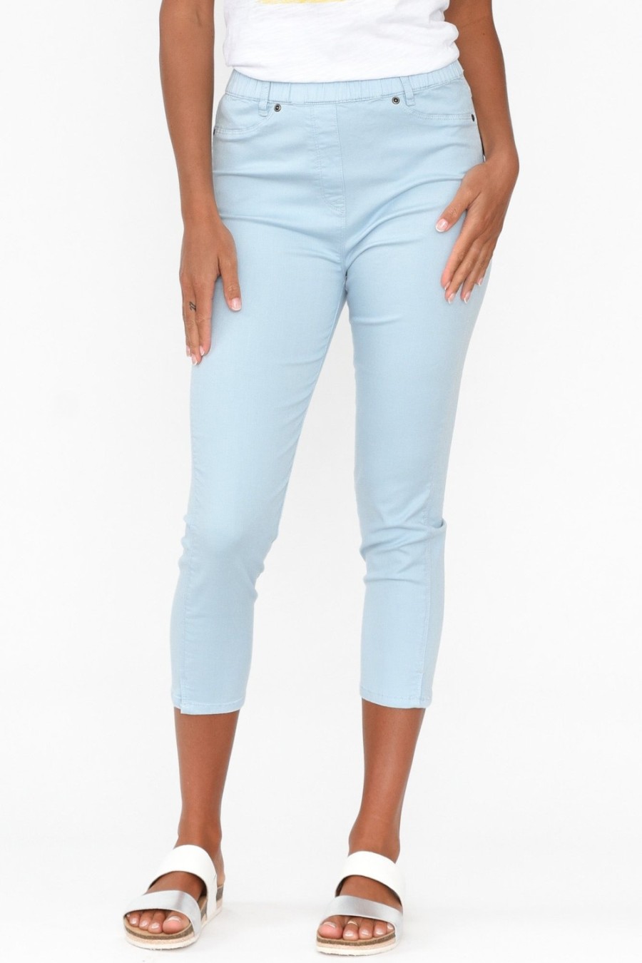 Clothing Cafe Latte Pants | Reed Blue Stretch Cotton Capri Pant