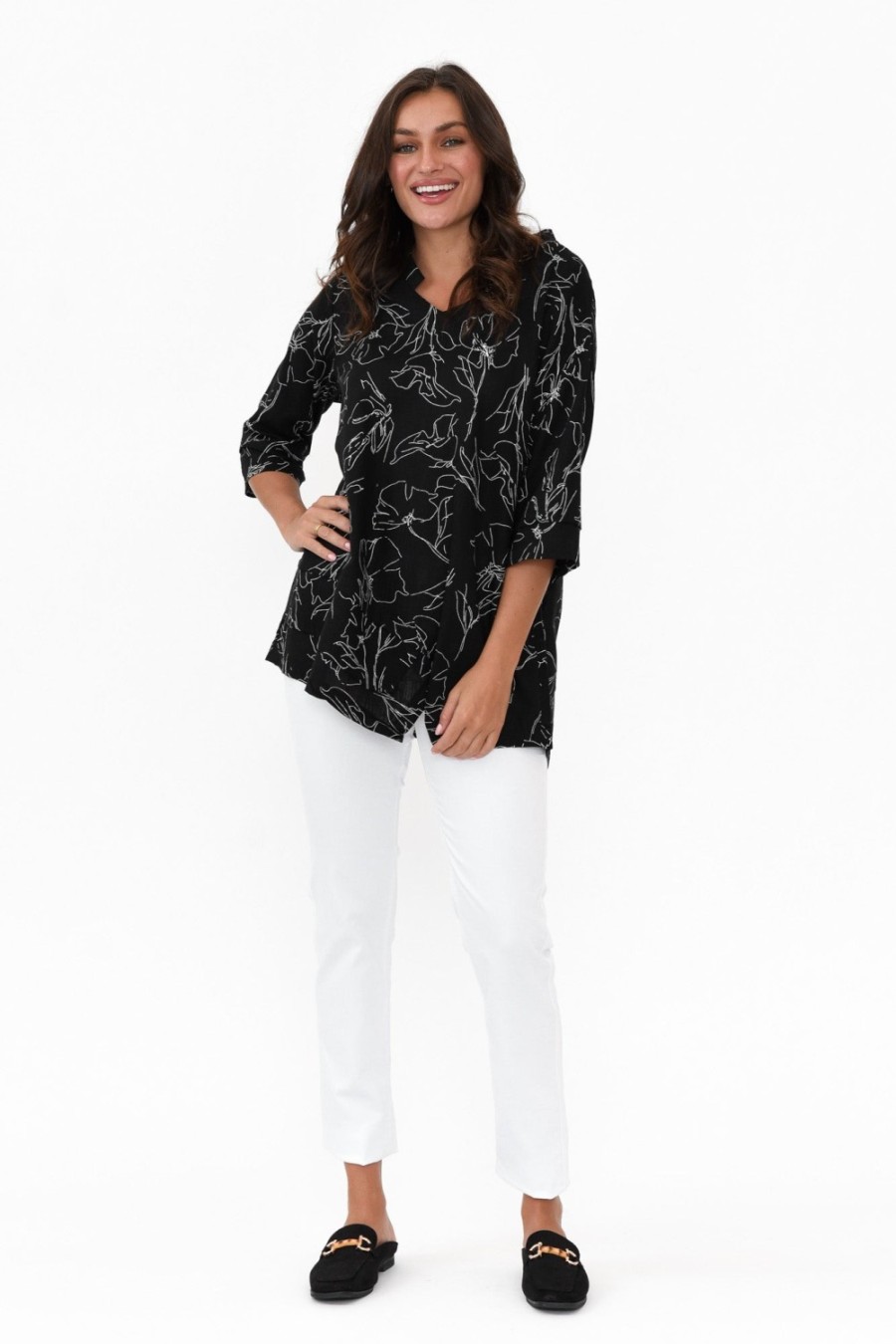 Clothing Ruby Rain Linen Tops | Adara Black Flower Linen Cotton Top