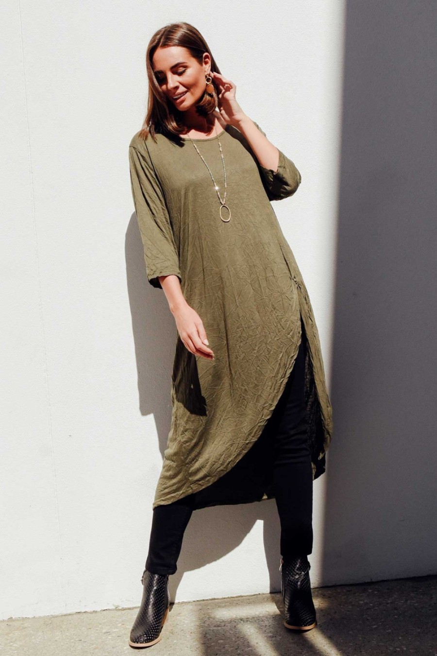 Clothing Cotton Village Cotton Tops | Khaki Crinkle Cotton Asymmetric Tunic