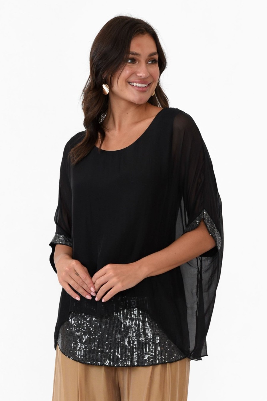 Clothing La Strada Sleeved Tops | Parker Black Silk Sequin Top