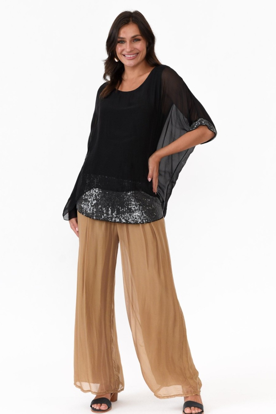 Clothing La Strada Sleeved Tops | Parker Black Silk Sequin Top