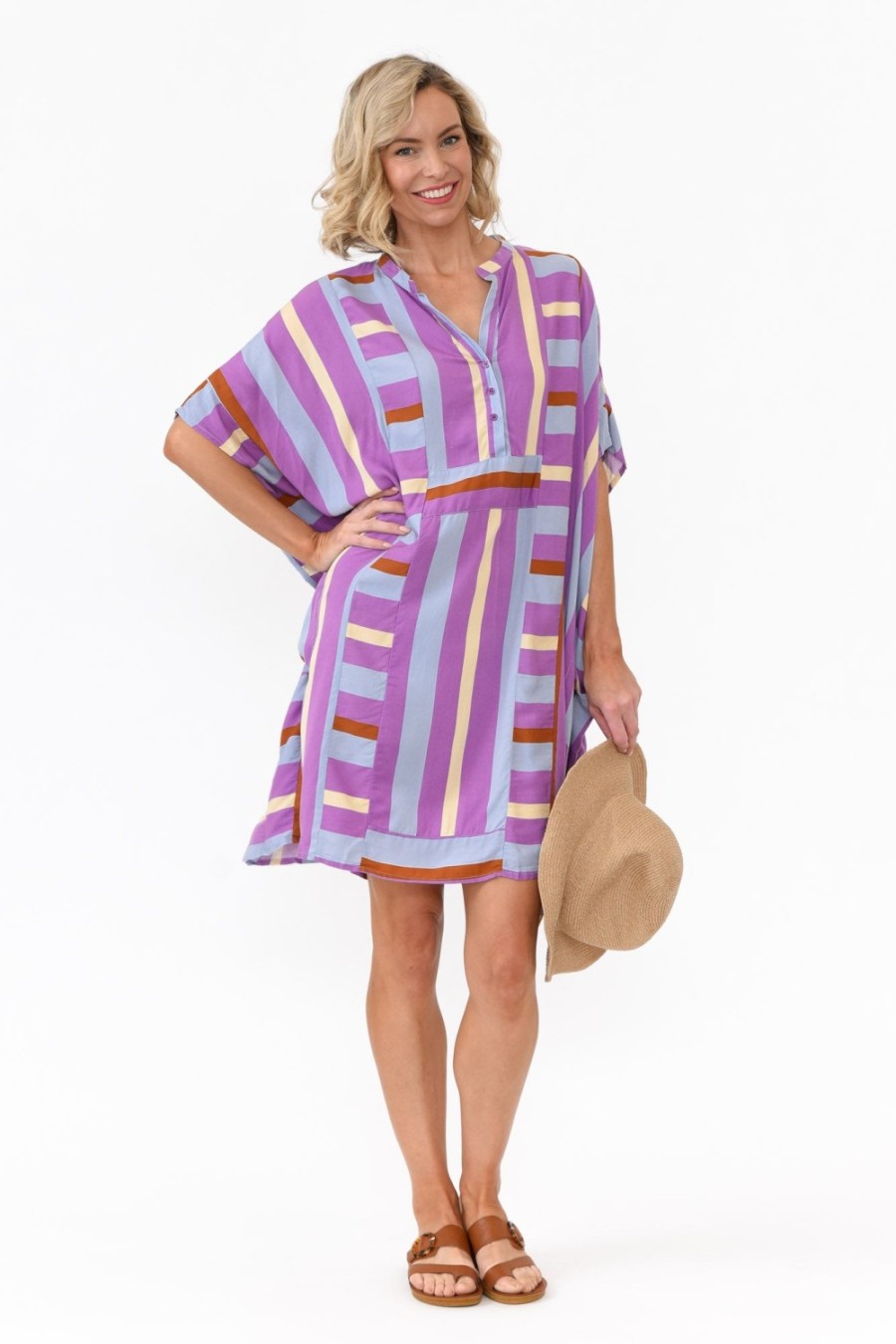 Clothing PQ Above Knee Dresses | Maye Purple Stripe V Neck Kaftan