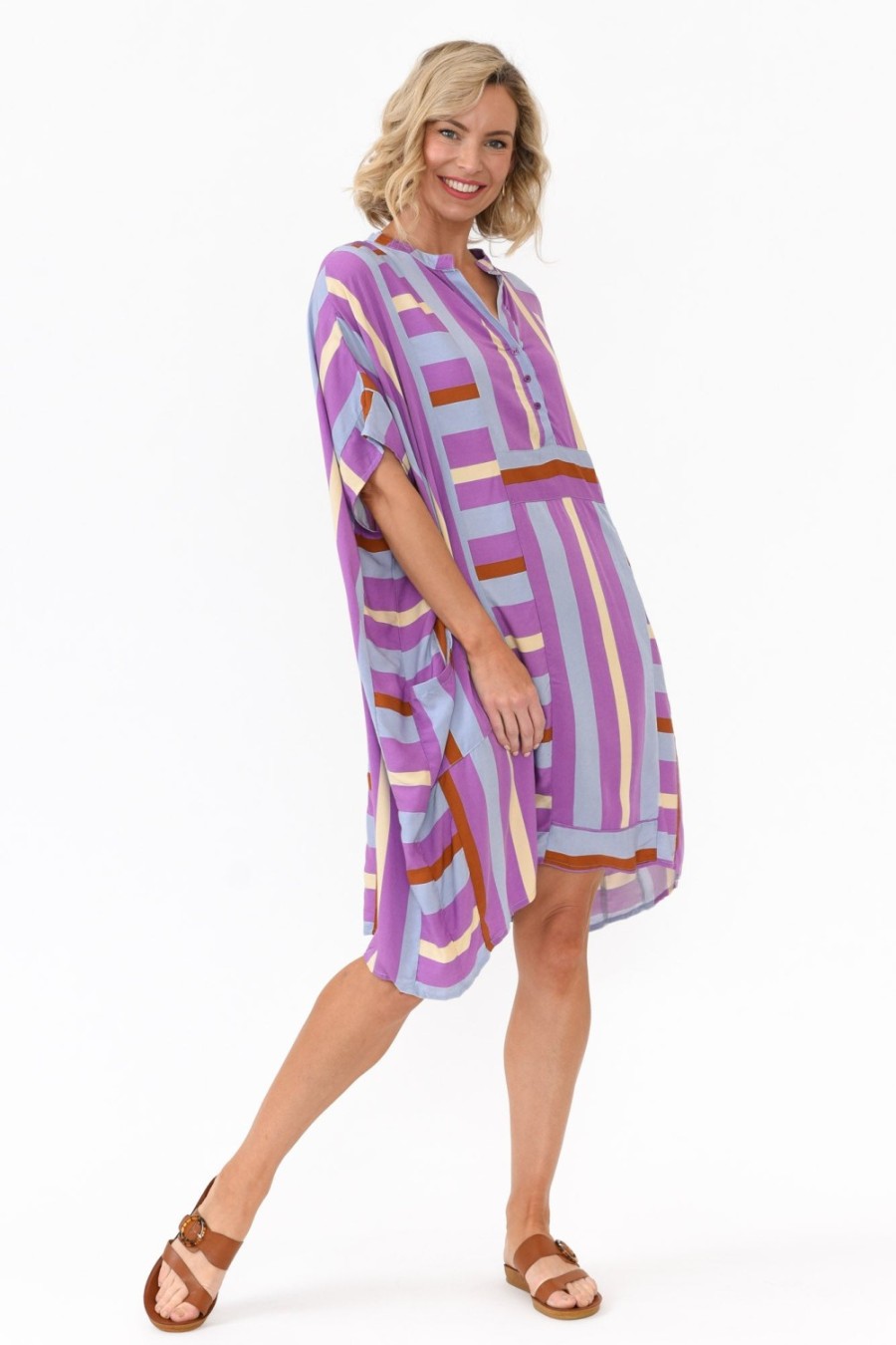 Clothing PQ Above Knee Dresses | Maye Purple Stripe V Neck Kaftan