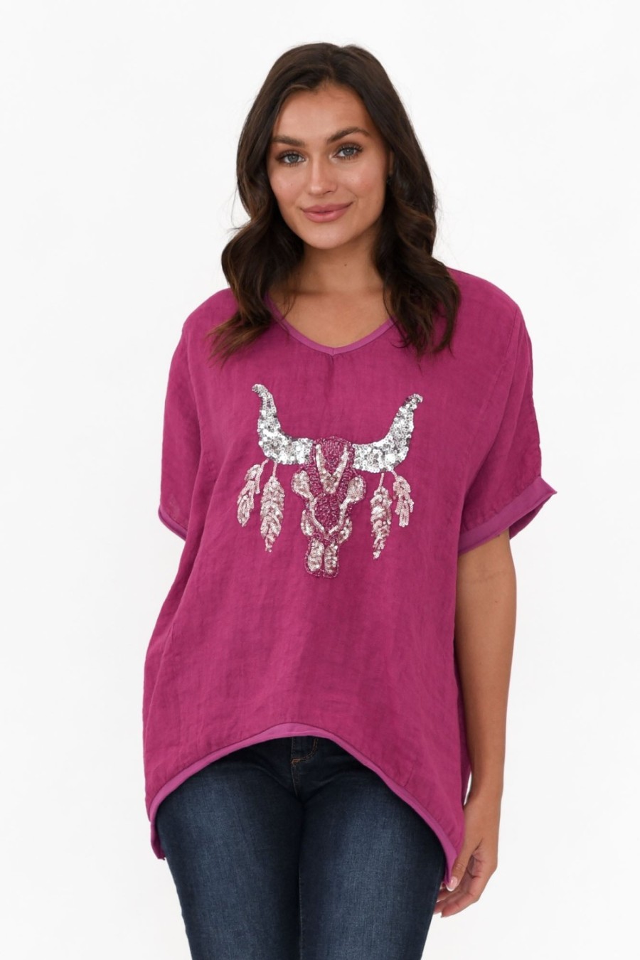 Clothing Donna Donna Linen Tops | Wild West Fuchsia Sequin Linen Tee