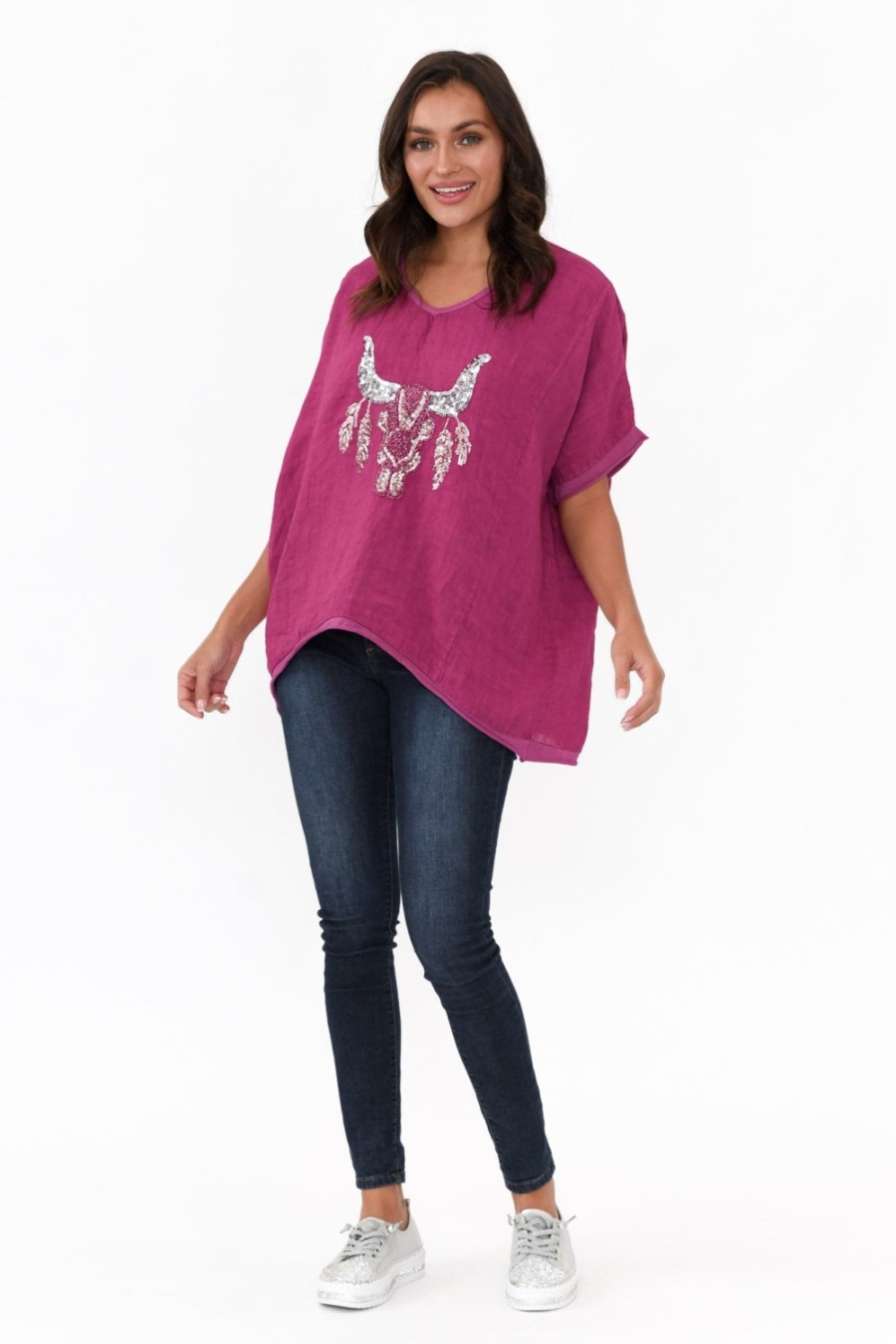 Clothing Donna Donna Linen Tops | Wild West Fuchsia Sequin Linen Tee