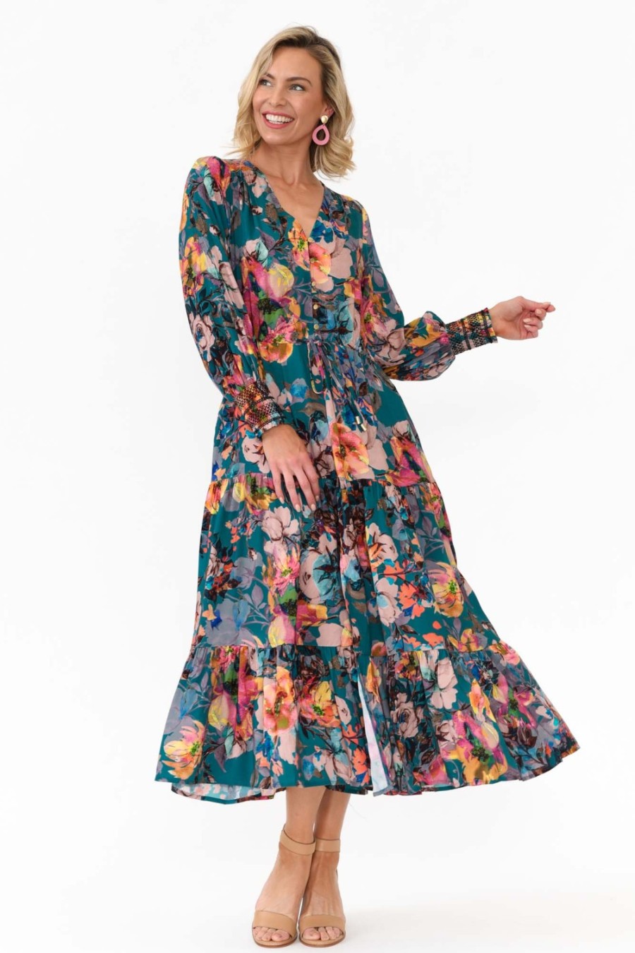 Clothing Fate Becker Midi Dresses | Pure Shores Teal Floral Midi Dress