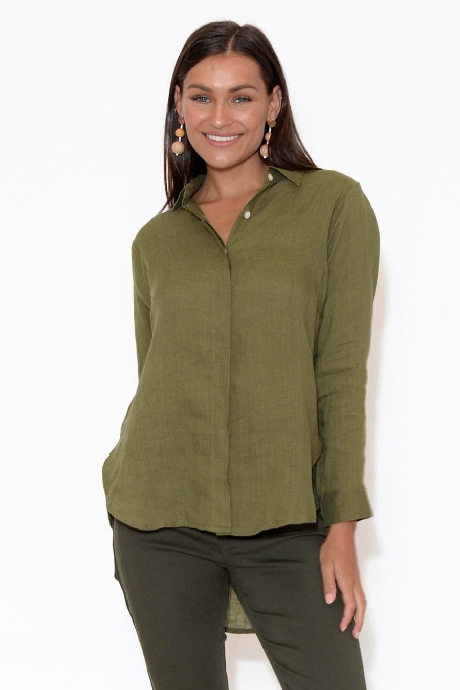 Clothing Escape Linen Tops | Aspen Olive Hi Lo Linen Shirt