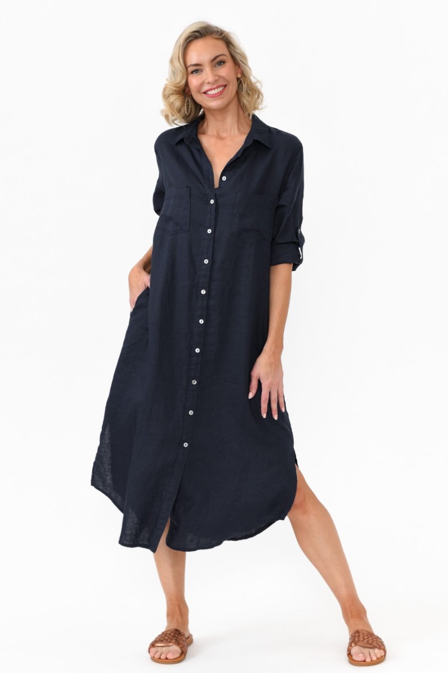 Clothing Worthier Linen Dresses | Halston Navy Linen Relaxed Shirt Dress