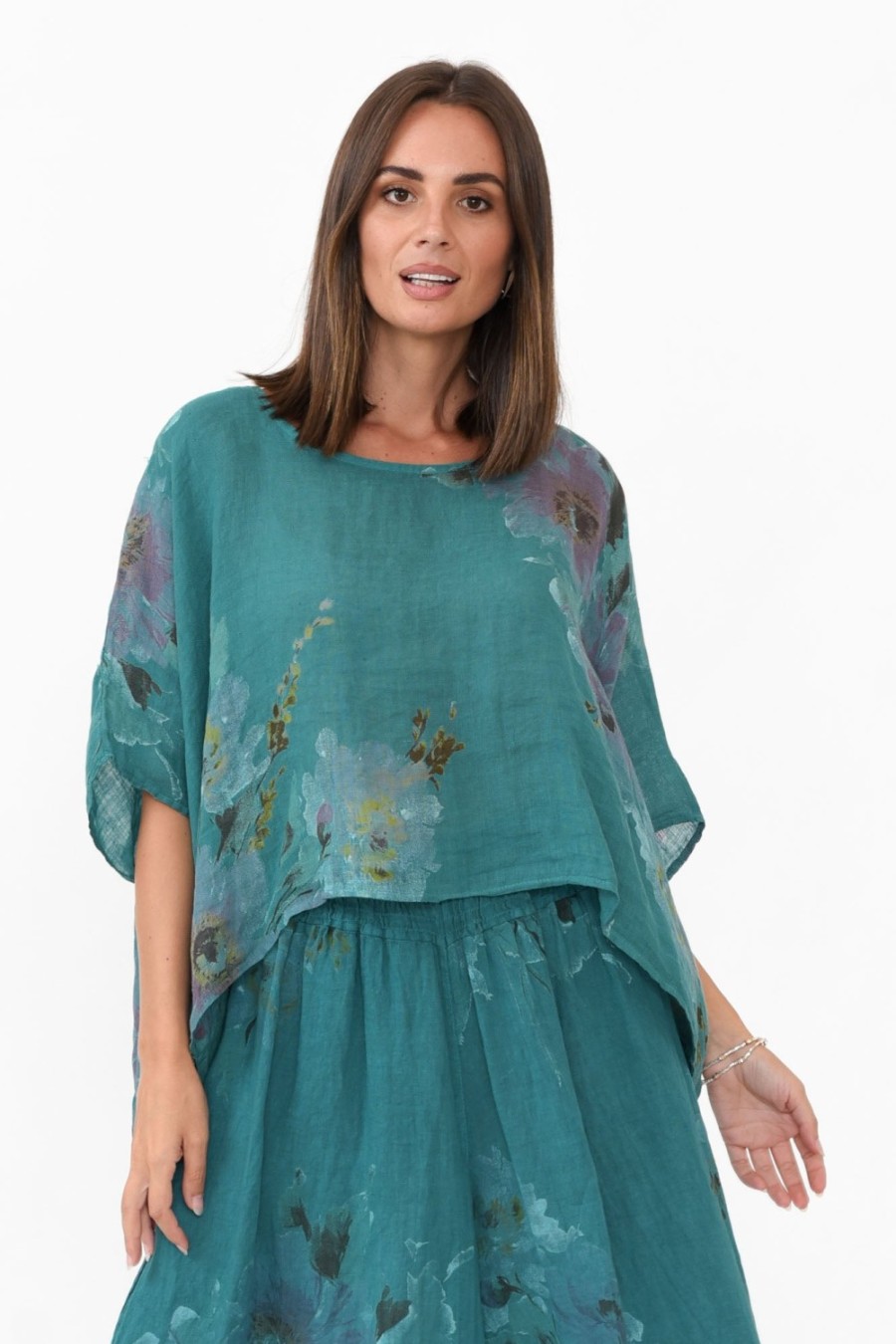 Clothing Donna Donna Linen Tops | Turner Teal Floral Linen Scoop Neck Top