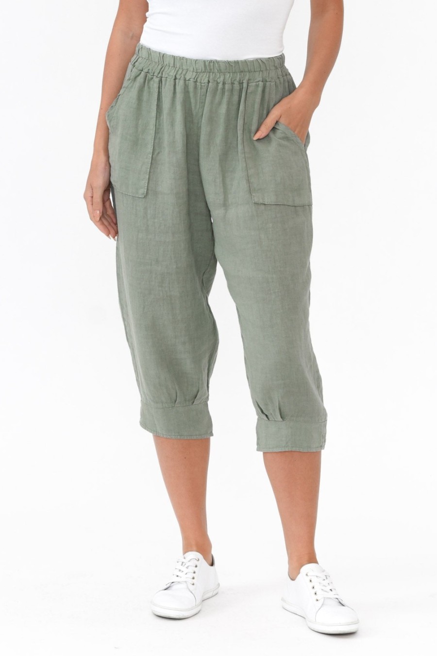 Clothing Donna Donna Pants | Carmichael Khaki Linen Capri Pant