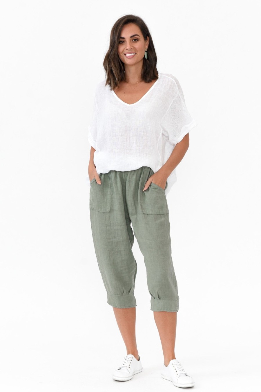 Clothing Donna Donna Pants | Carmichael Khaki Linen Capri Pant