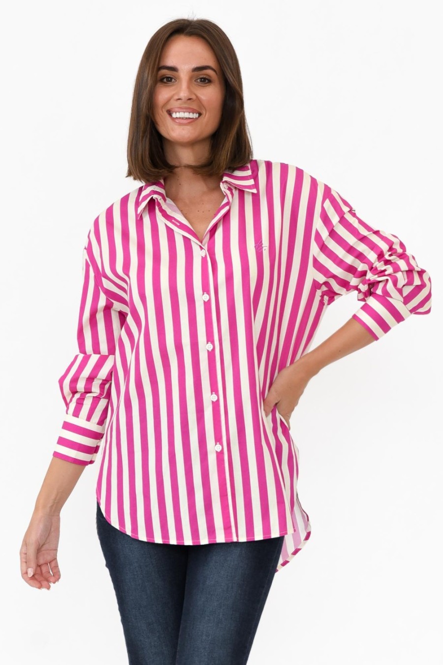 Clothing Dear Sutton Cotton Tops | Presley Pink Stripe Cotton Poplin Shirt