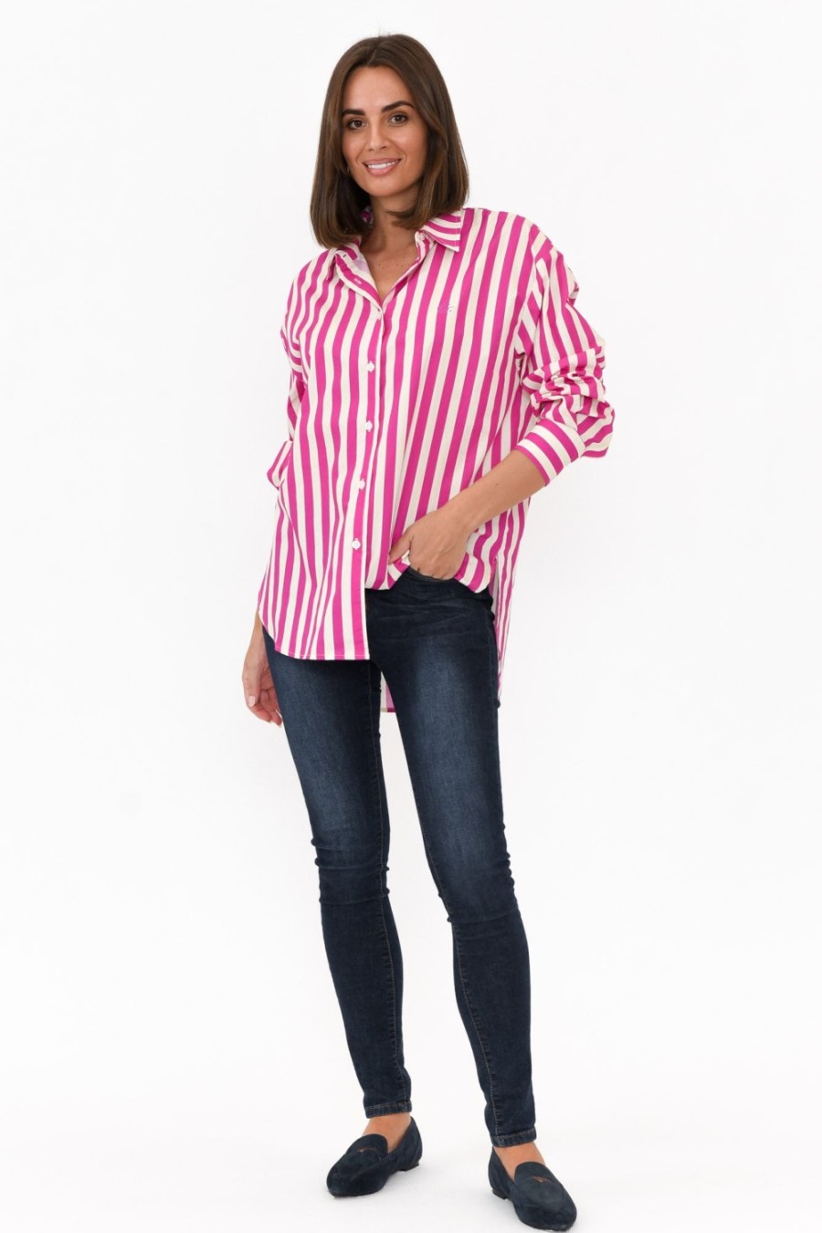 Clothing Dear Sutton Cotton Tops | Presley Pink Stripe Cotton Poplin Shirt