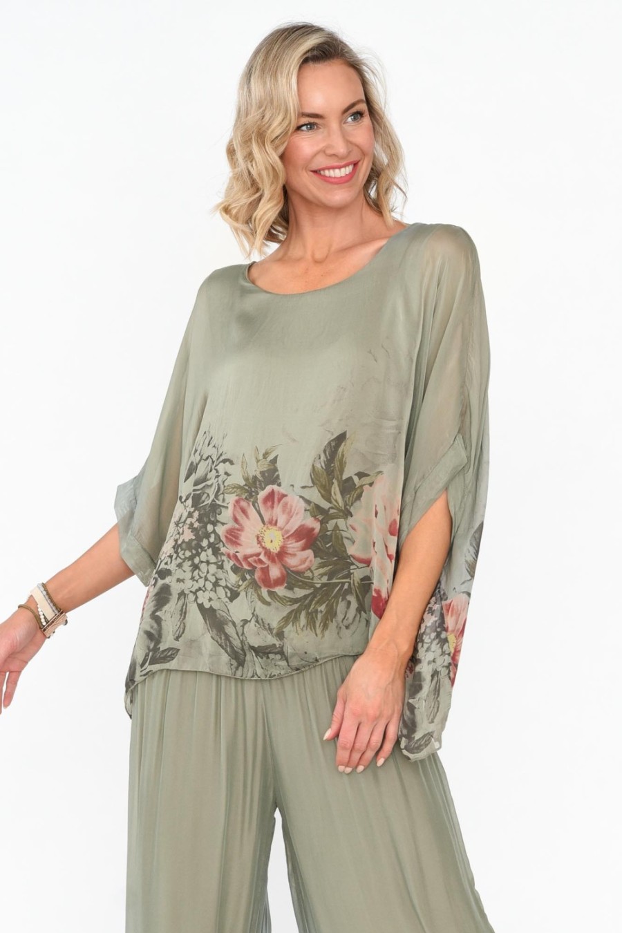 Clothing Fabuler Sleeved Tops | Mayer Sage Floral Silk Top