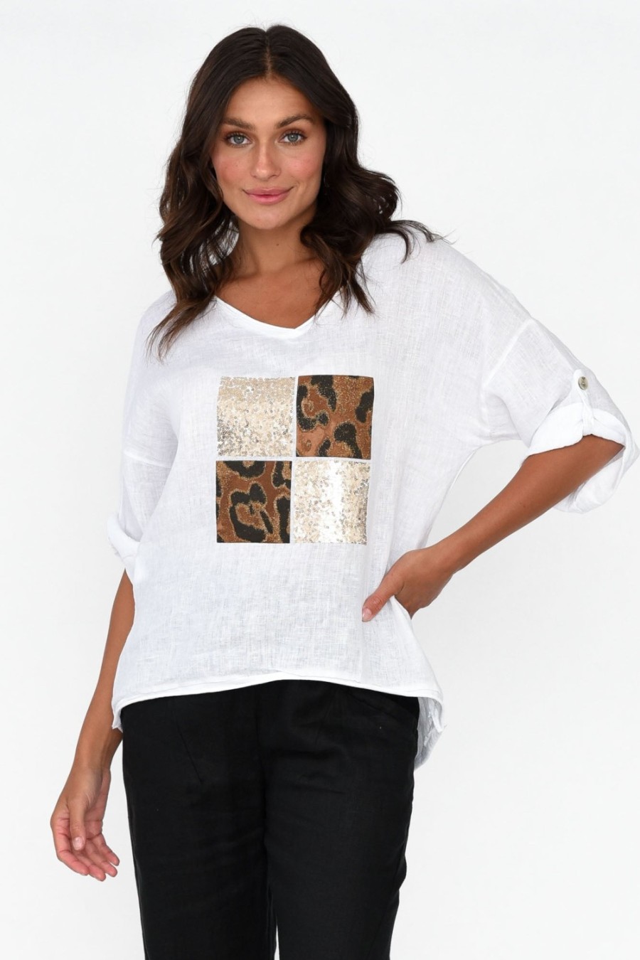 Clothing La Strada Linen Tops | Pavla White Leopard Linen V Neck Top