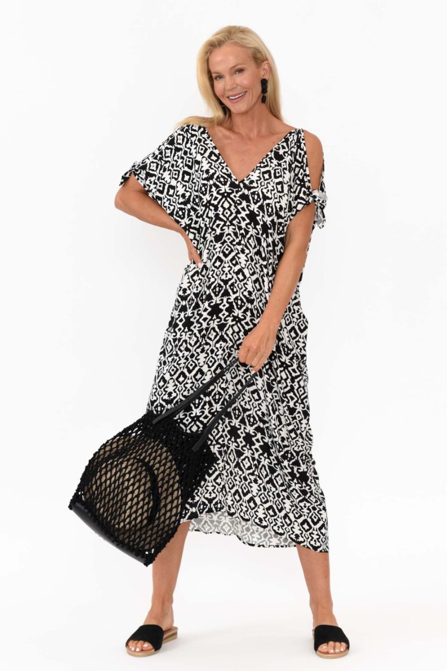 Clothing Slate the Label Midi Dresses | Miranda Black Geo Cold Shoulder Kaftan