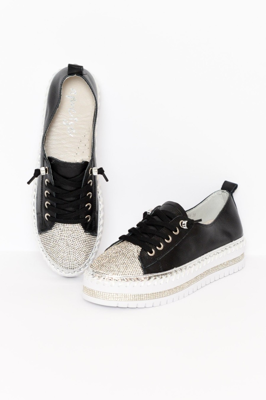 Shoes Ameise Leather Sneakers | Sky Black Leather Diamante Sneaker