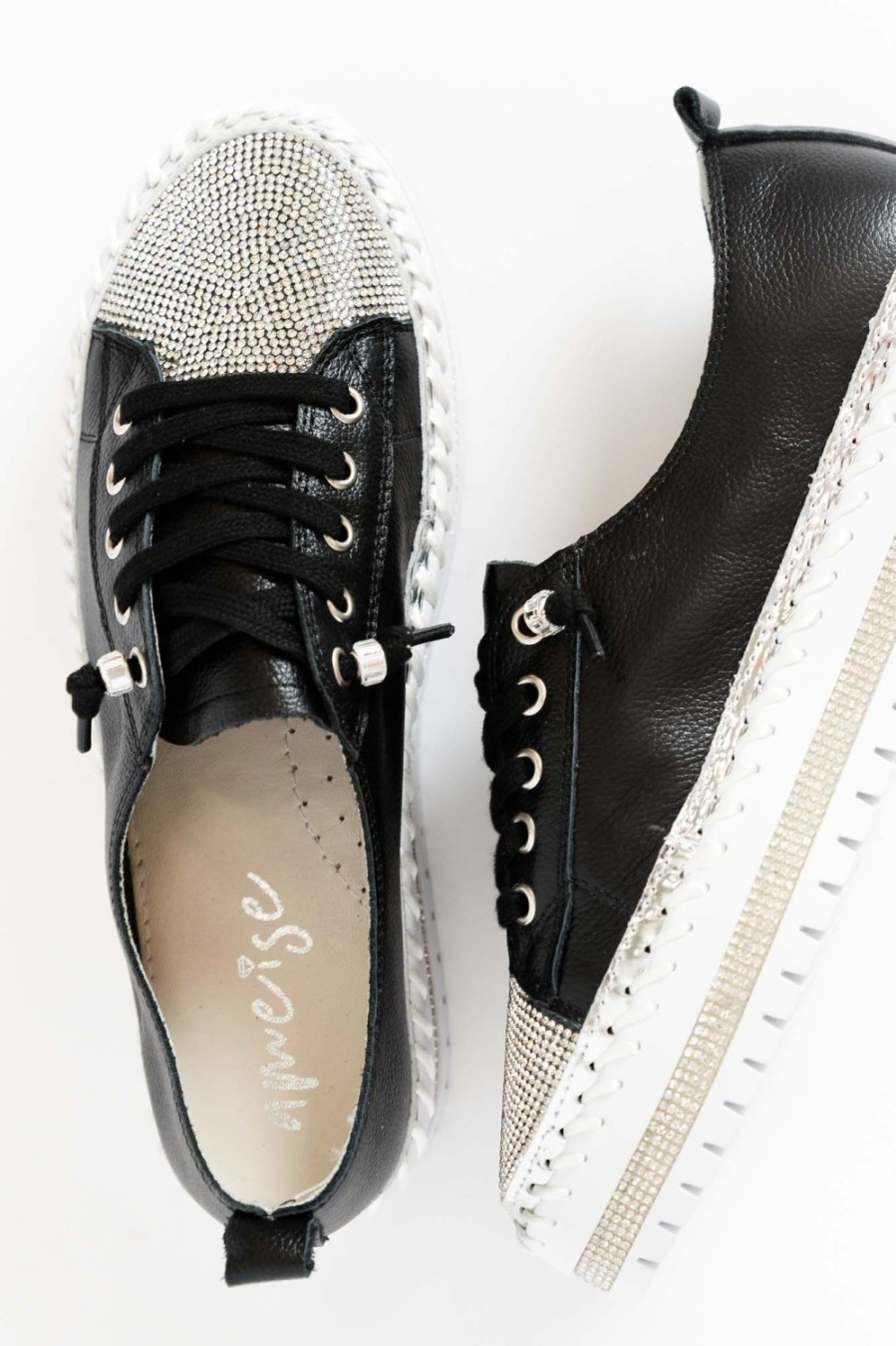 Shoes Ameise Leather Sneakers | Sky Black Leather Diamante Sneaker