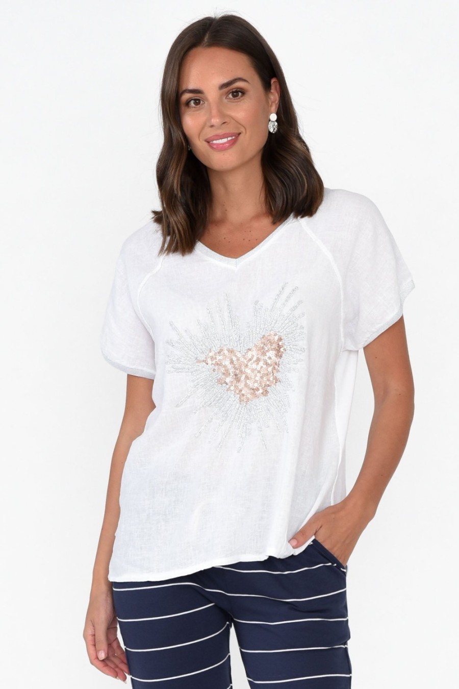 Clothing Fabuler Sleeved Tops | Candela White Sequin Heart Linen Top