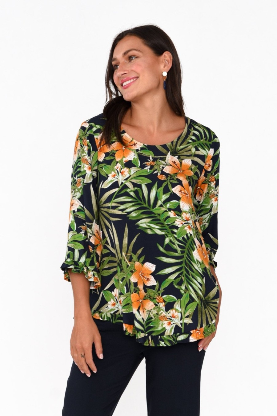 Clothing Willow Tree Sleeved Tops | Beacon Green Tropical Ruffle Top