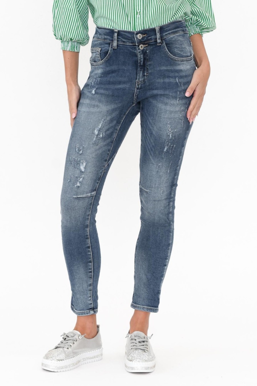 Clothing Italian Star Jeans | Emma Blue Denim Distressed Stretch Jean