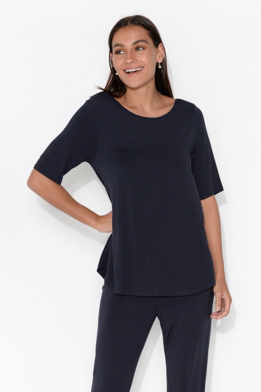 Clothing Tani Sleeved Tops | Navy Half Sleeve Micro Modal Top