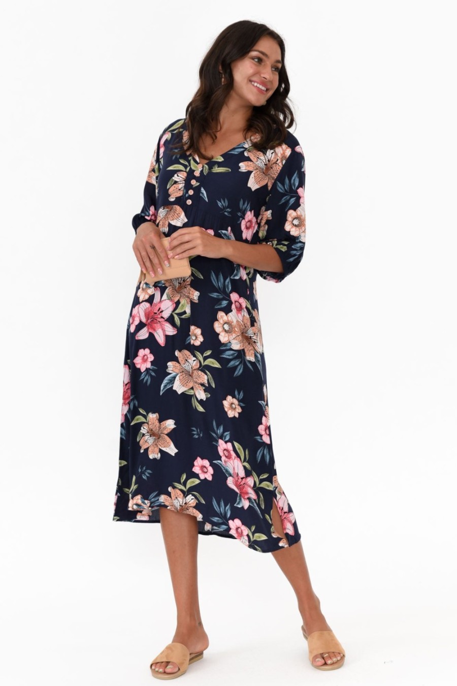 Clothing Cafe Latte Midi Dresses | Farah Navy Blossom Button Dress