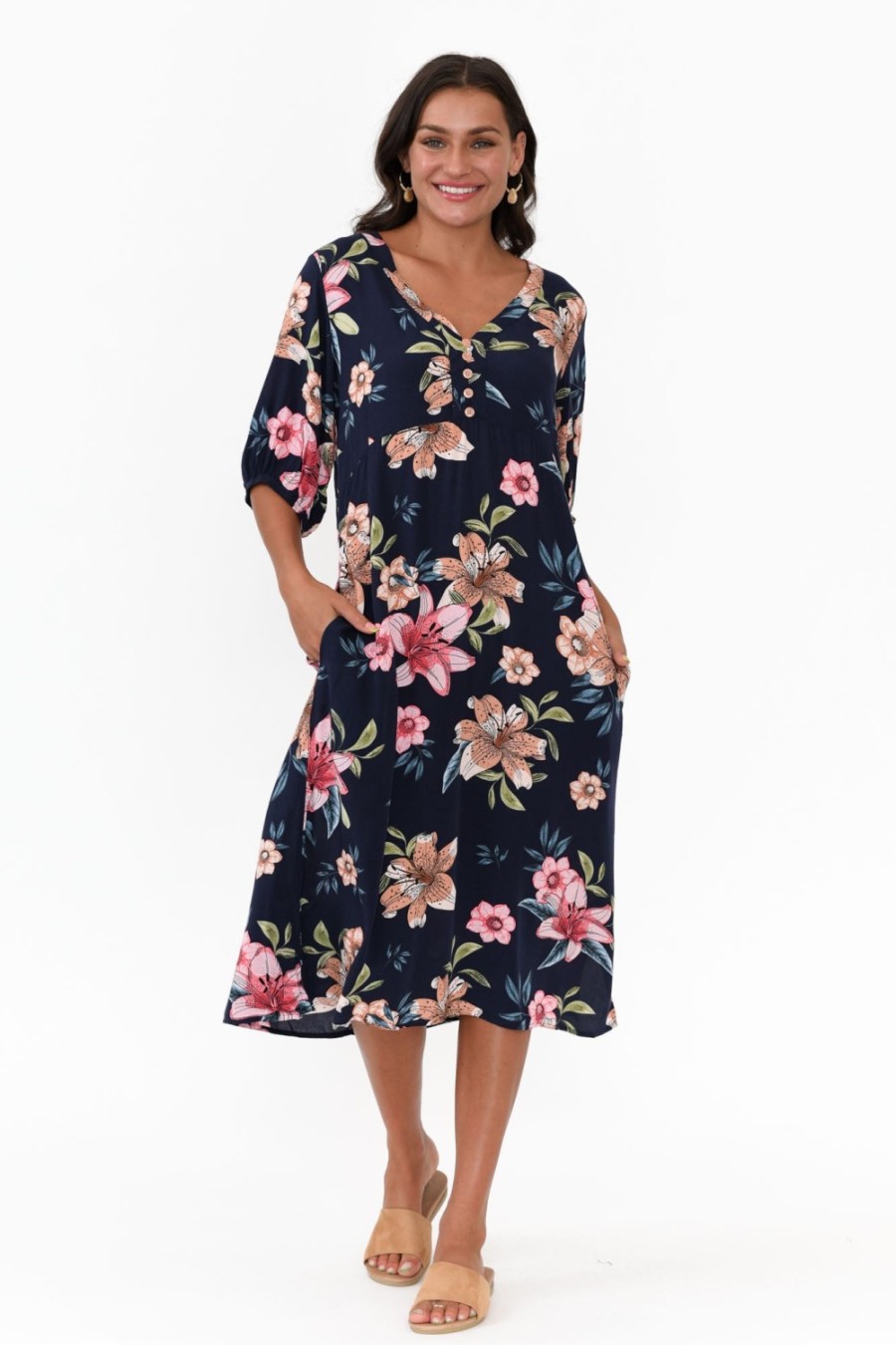 Clothing Cafe Latte Midi Dresses | Farah Navy Blossom Button Dress