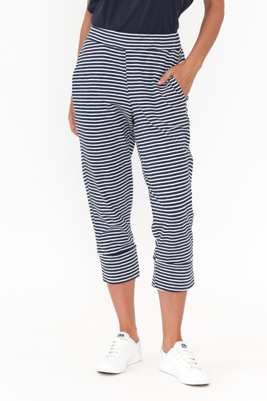 Clothing Betty Basics Pants | Alexia Navy Stripe Cotton Cropped Jogger Pant