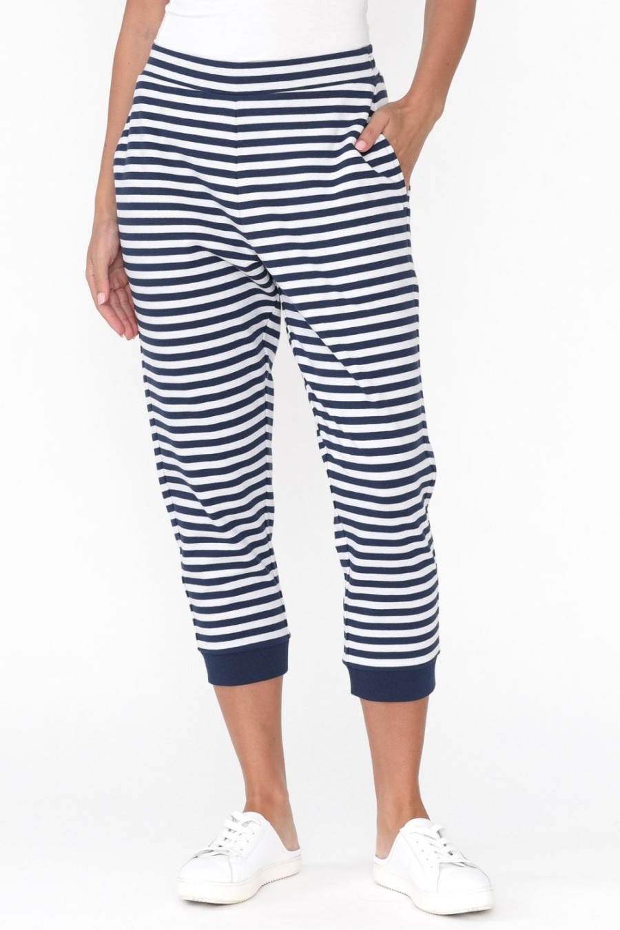 Clothing Betty Basics Pants | Tasha Navy Stripe Cotton Blend Jogger Pant