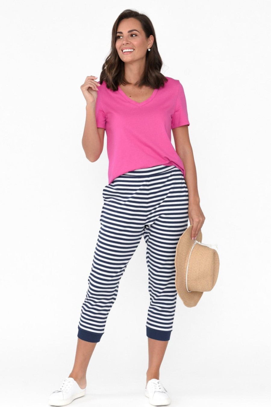 Clothing Betty Basics Pants | Tasha Navy Stripe Cotton Blend Jogger Pant