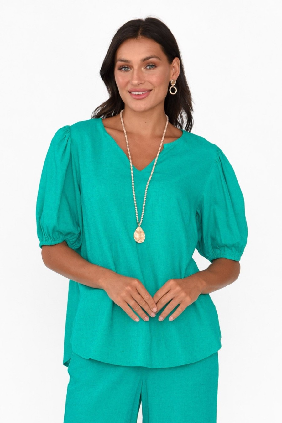 Clothing Betty Basics Linen Tops | Alba Teal Linen Blend Blouse Top