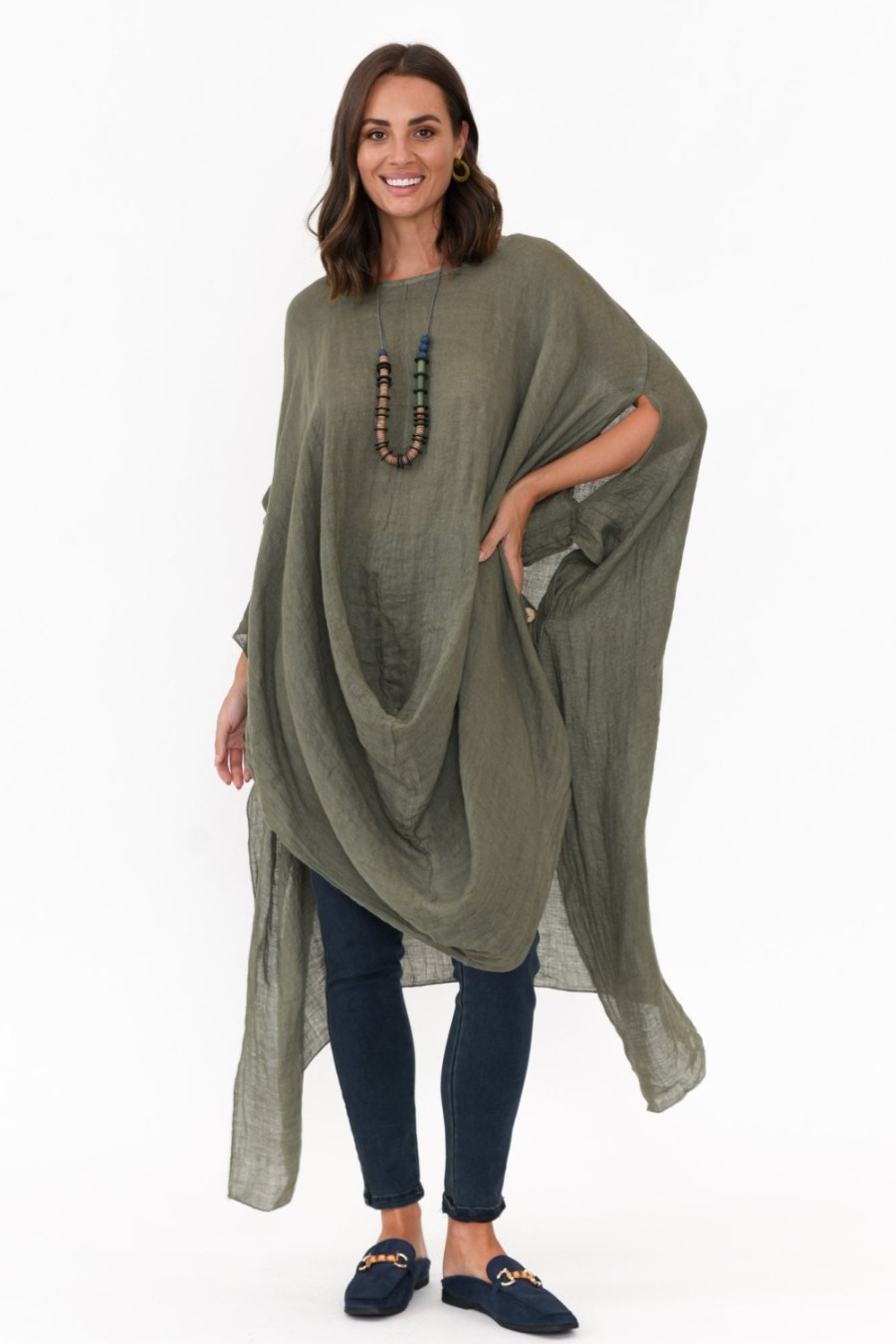 Clothing Donna Donna Linen Tops | Genesia Khaki Linen Kaftan Tunic