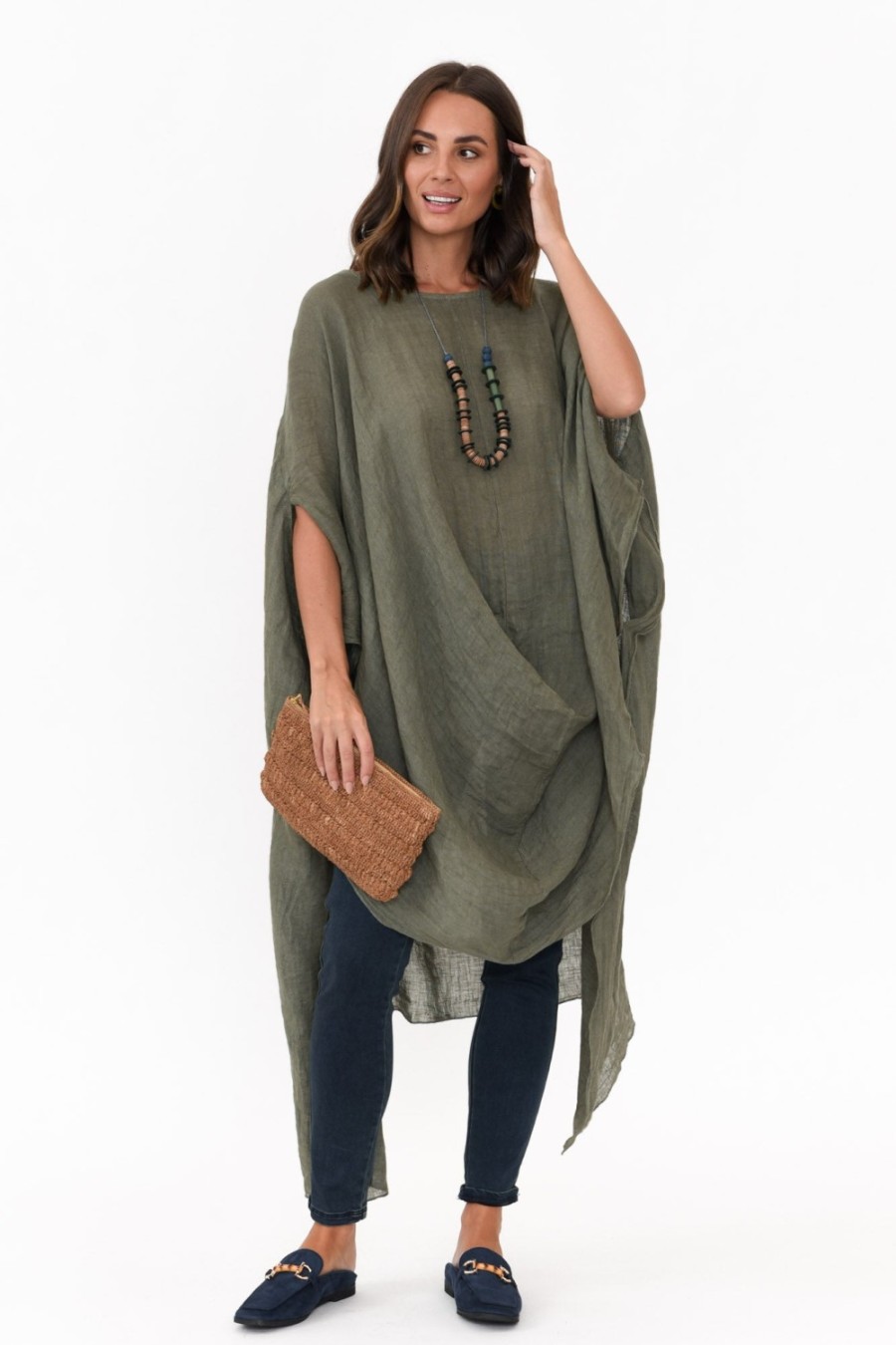 Clothing Donna Donna Linen Tops | Genesia Khaki Linen Kaftan Tunic