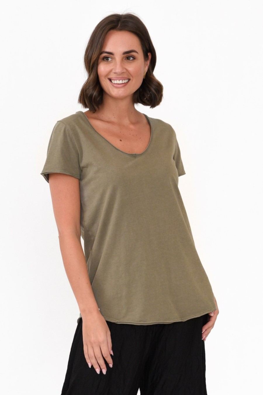 Clothing Elm Cotton Tops | Khaki Cotton Fundamental Vee Tee