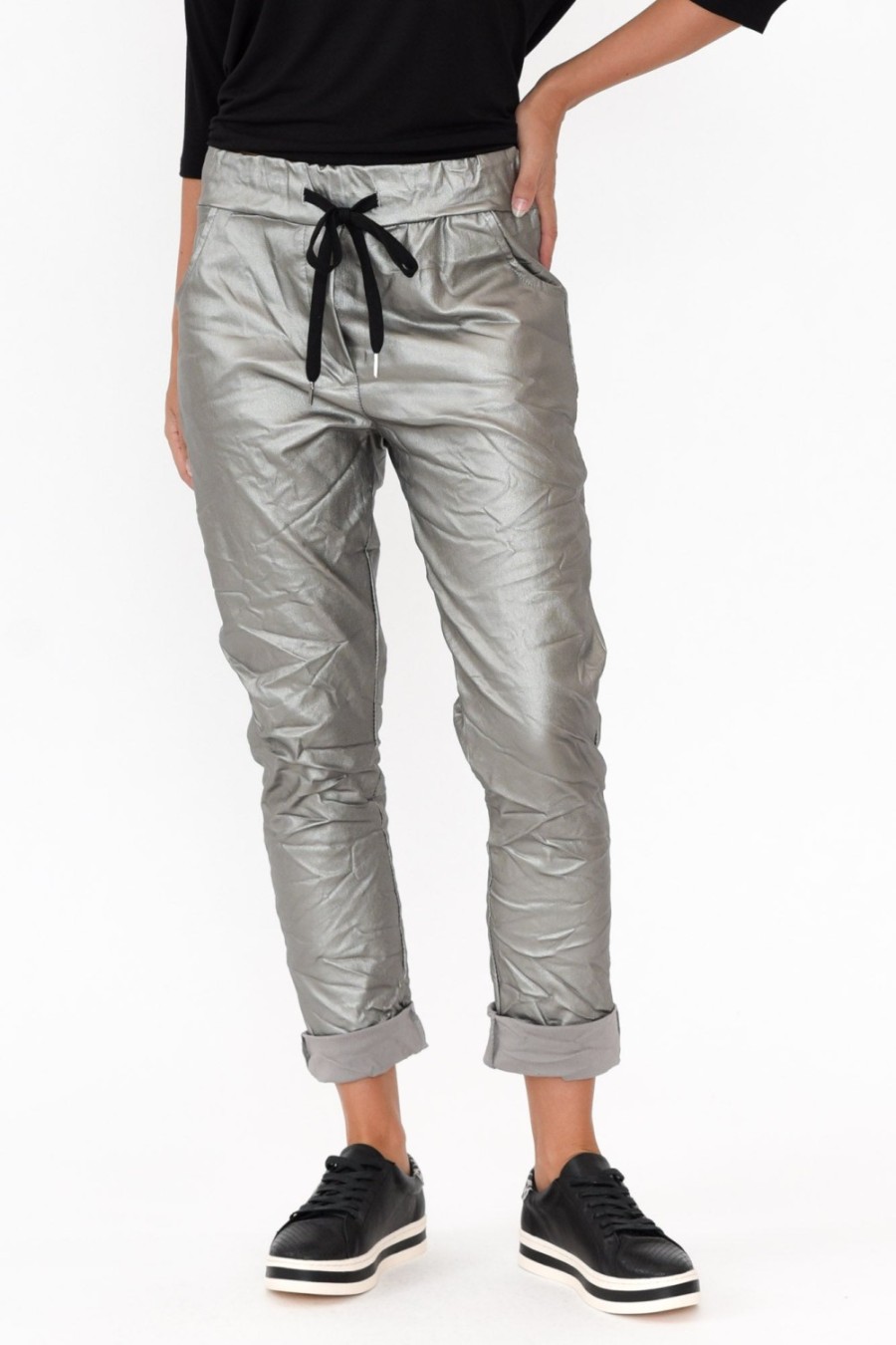 Clothing La Strada Pants | Munich Silver Wet Look Stretch Pant