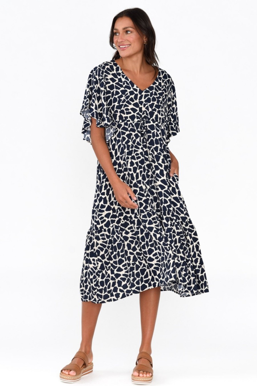 Clothing Cali and Co Midi Dresses | Marianna Navy Abstract Pocket Dress